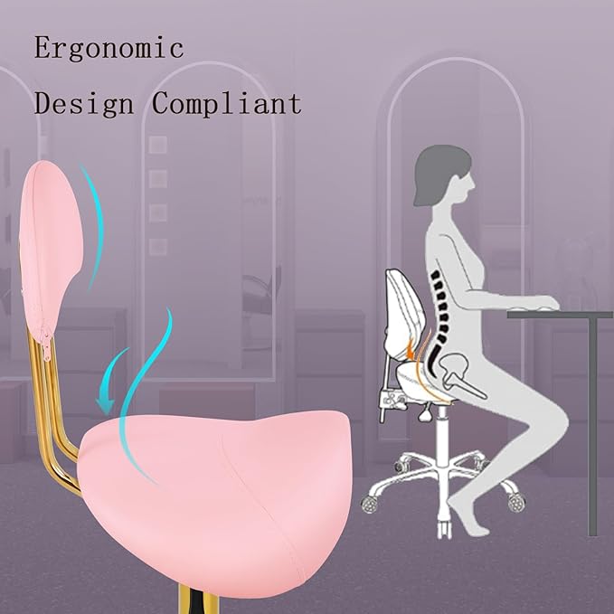 Saddle Chair Rolling Ergonomic Swivel Chair with Soft Comfortable Cushion and Wheels Hydraulic Adjustable Stool for Home Office Dental Tattoo Salon Shop Use with Backrest (Pink Gold)