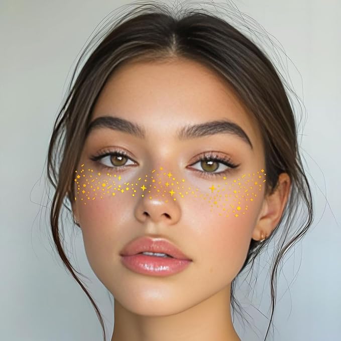 Gold Glitter Freckles Face Tattoo - Face Sparkle Freckles Sticker - Gold Faces Glitter Makeup Speckles for Glitters Makeup Accessories for Women - Halloween Makeups Prom - Rave Party