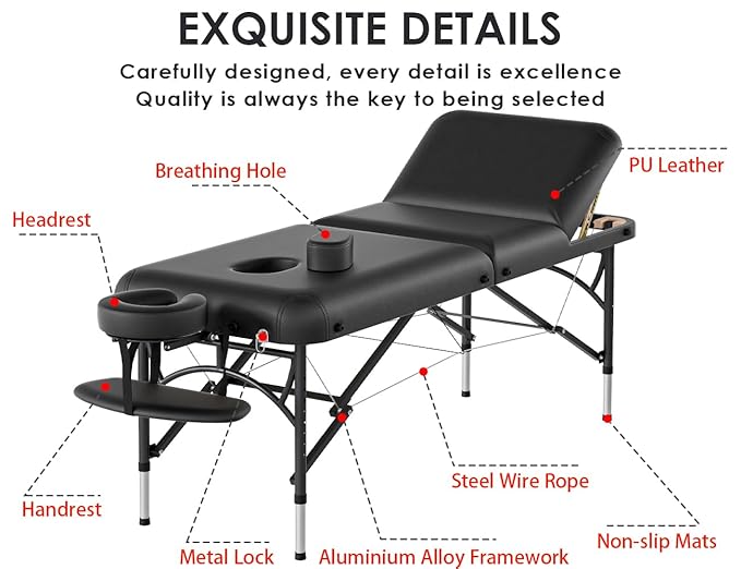 CLORIS 84" Professional Massage Table Portable 3 Folding Lightweight Facial Salon Spa Tattoo Bed Height Adjustable with Carrying Bag & Aluminium Leg Hold Up to 1100LBS