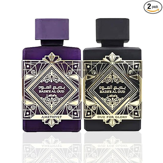 Lattafa Perfumes Bade'e Al Oud 2 Piece Gift Set for Unisex (3.4 Ounce Oud for Glory Eau de Parfum Spray + 3.4 Ounce Amethyst Eau de Parfum Spray)