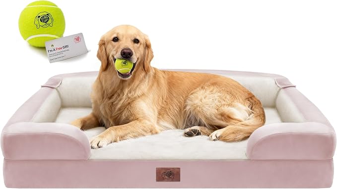 Waterproof Orthopedic Dog Bed for Extra Large Sized Dogs | Memory Foam Pet Bed Sofa with Bolster, Dog Couch with Washable Cover & Non-Slip Bottom, 42x30 Inch, Pink