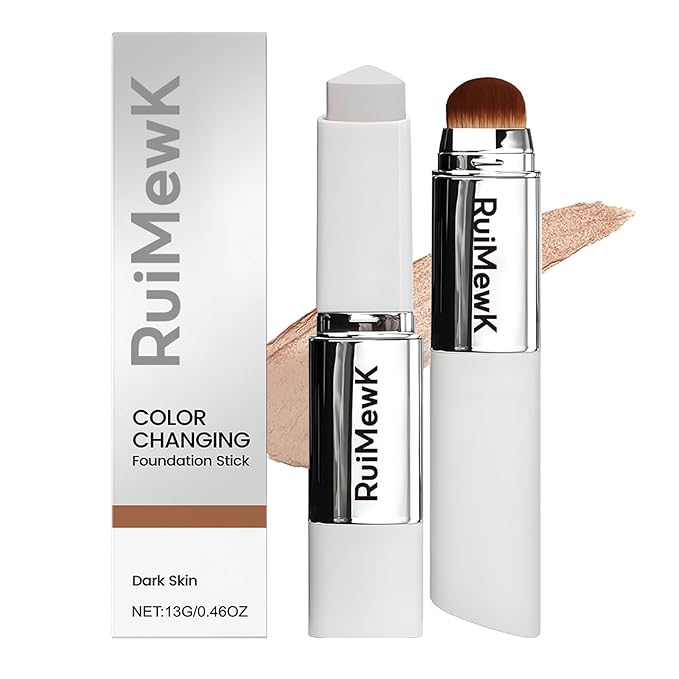 Color Changing Foundation Stick, Medium to Full Coverage Cream Stick Hydrating Makeup, Dual-Ended with Soft Brush for Flawless Look, Portable & Travel-Friendly (Dark Skin)