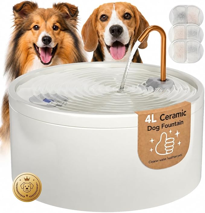 MISFANS Ceramic Dog Water Fountain, All-Ceramic Body, Pure Copper Spout | 4L/135oz Capacity, Under 20dB Pump, Dual Filtration, 3 Filters and 3 Sponges, Two Flow Modes, Small and Medium Dogs, White