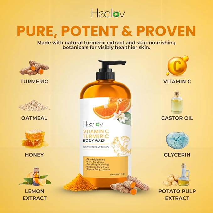 Turmeric Body Wash – Natural Skin Brightening Soap for Dark Spots & Hyperpigmentation – Exfoliating Turmeric Face & Body Wash for Scars, Glow & Gentle Daily Cleansing – Plant-Based Liquid Bath Soap
