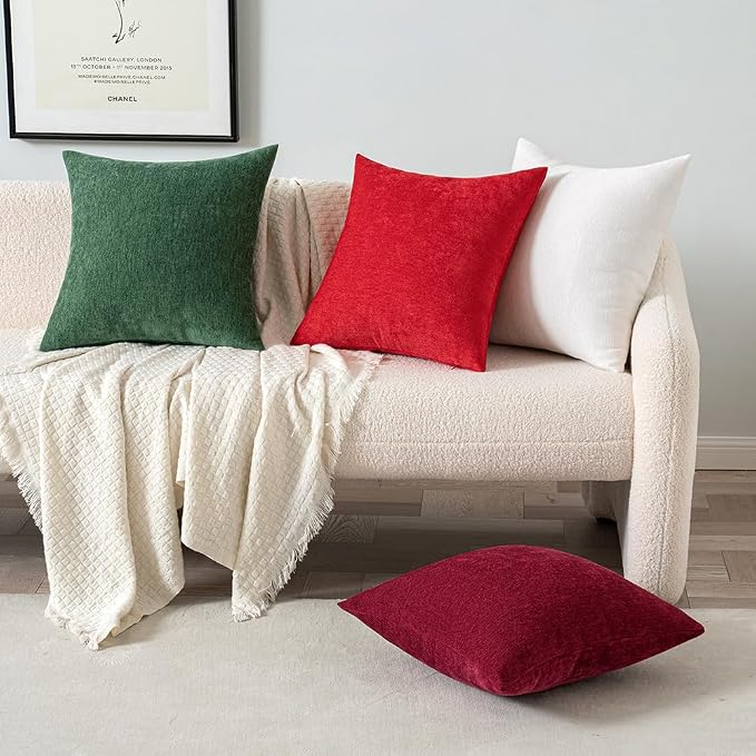 MIULEE Pack of 2 Red Decorative Pillow Covers 18x18 Inch | Soft Chenille Couch Throw Pillows Farmhouse Cushion Covers for Home Decor Sofa Bedroom Living Room