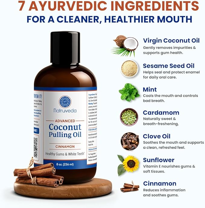 Natruveda Cinnamon Coconut Pulling Oil, 8 oz | Advanced Ayurvedic Oil Pulling Mouthwash with Virgin Coconut Oil, Clove & Sesame | Alcohol-Free Oral Care | with 20g Herbal Toothpaste