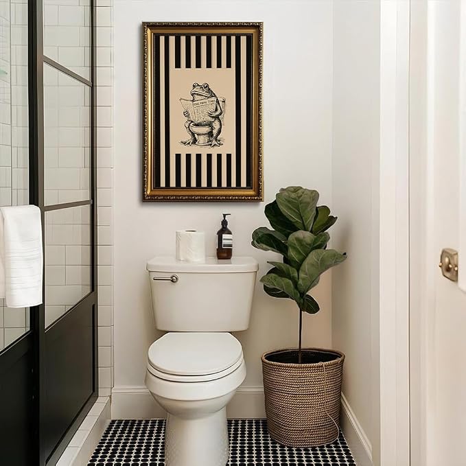 Funny Bathroom Wall Decor Art Vintage Whimsical Frog Gold Framed Wall Art | Black Beige Striped Picture Canvas Art Humour Animal Small Framed Prints Artwork For Vanity Restroom Toilet Powder Room