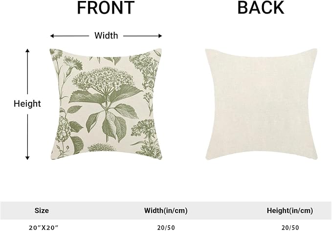 Floral Pillow Covers 20x20 Set of 2 Vintage Sage Green Hydrangea Herbs Botanical Throw Pillow Covers Outdoor Decoration Boho Flower Pillowcase Farmhouse Decorative Cushion Case for Home Sofa