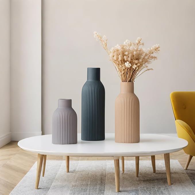 Modern Ceramic Vases Set of 3, Black Ribbed Decorative Vases, Shelf Table Centerpiece for Home Decor, Birthday Gifts for Women, Mom, Grandma Decorative (Black Mix)