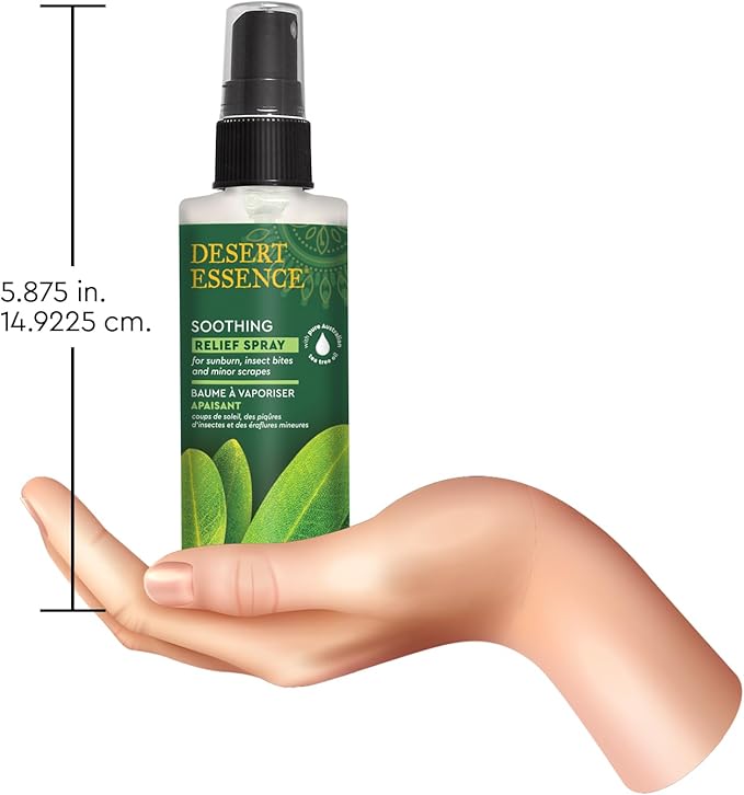 Desert Essence Relief Spray - 4 Fl Oz - Antiseptic Eco-Harvest Tea Tree Oil & Other Essential Oils - Natural First Aid - Minor Burns - Sunburn - Insect Bites - Scrapes - May Comfort Aching Feet