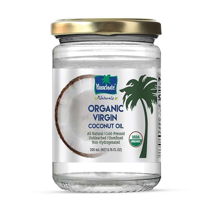 "Parachute Naturalz Organic Virgin Coconut Oil | Cooking Oil, Hair Oil, Body Oil & Oil Pulling | Cold Pressed | Unbleached | Unrefined | Non-Hydrogenated | MCT Oil | USDA Certified |6.7 Fl. Oz. | Glass Jar"
