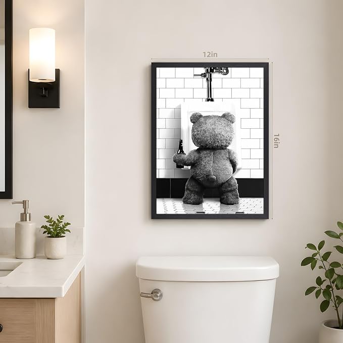 VziizV Funny Bear Bathroom Wall Art, Teddy Bear with Beer Canvas Print, Humorous Black and White Animal Decor, Farmhouse Restroom Artwork for Living Room Bathroom Bedroom Wood Framed 12x16 Inch