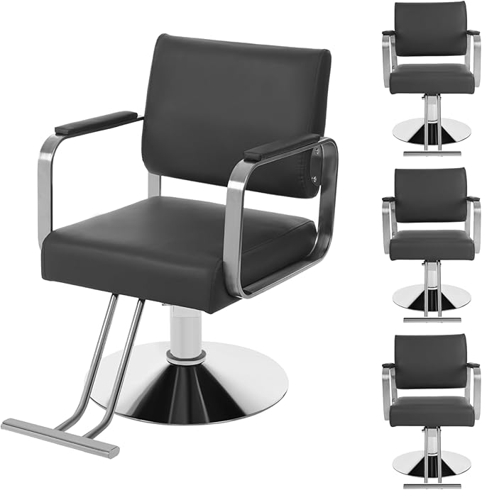 Salon Chair for Hair Stylist, Hydraulic Barber Chair with 360° Swivel, Height Adjustable Styling Chair for Barbershop, Beauty Salon, Tattoo & Spa Equipment, Black and Silver, 4Pcs