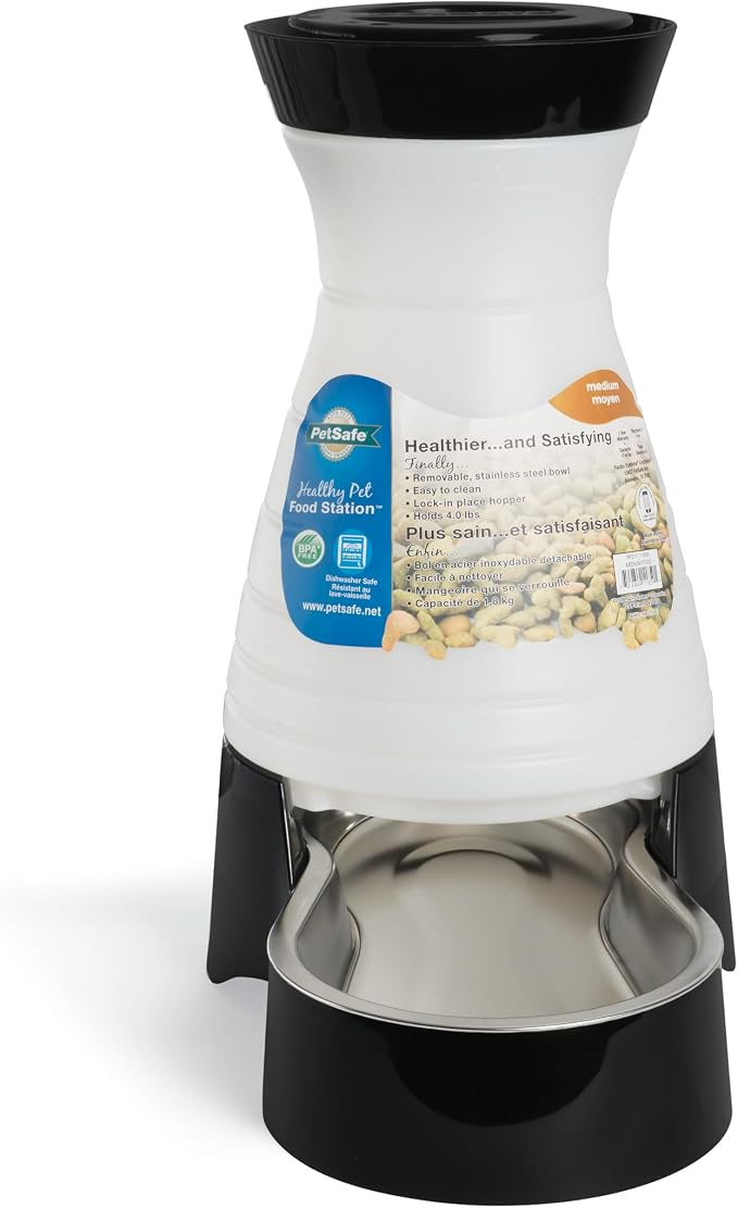 PetSafe Healthy Pet Food Station, 4 lb Gravity Feeder, Cats & Dogs, Medium | Dry Food Dispenser, Removable Stainless Steel Bowl Is Dishwasher Safe, Space-Saving Design