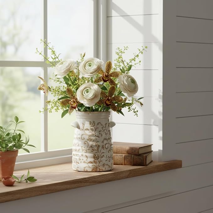 SIDUCAL Ceramic Rustic Vase with 2-Ear, 7.6 Inch Ice Cracked Vintage Pastoral Vase, Rustic Farmhouse Vases for Home Decor, Table, Living Room, Shelf Decor, Chinoiserie Decor, Brown Floral Pattern