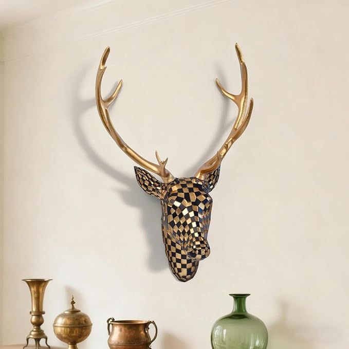 GIGICICI Mosaic Deer Head Wall Decor 15.7x8.7 Inch, Artistic Faux Resin Animal Head Wall Sculpture Hanging for Living Room Bedroom Kitchen Office, Black-Gold Gift
