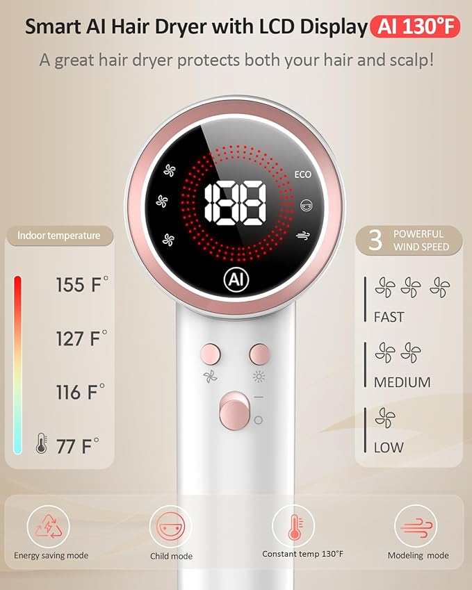 Hair Dryer, AI Smart 160000 RPM High-Speed Brushless Motor Plasma Ion AI Blow Dryer with Diffuser for Fast Drying, Professonal 4Temp/3Speed Thermo-Control Lightweight AI Hairdryer for Women Men Travel