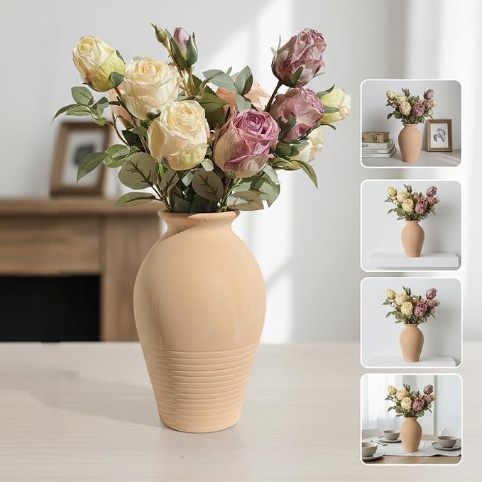 Ceramic Whitewashed Terracotta Farmhouse Vase, 9.2 inch Height, Pottery Decorative Flower Vases,Clay Decorative Vases for Home Decor, Table, Living Room, Shelf, Mantel Decoration (Terracotta White)