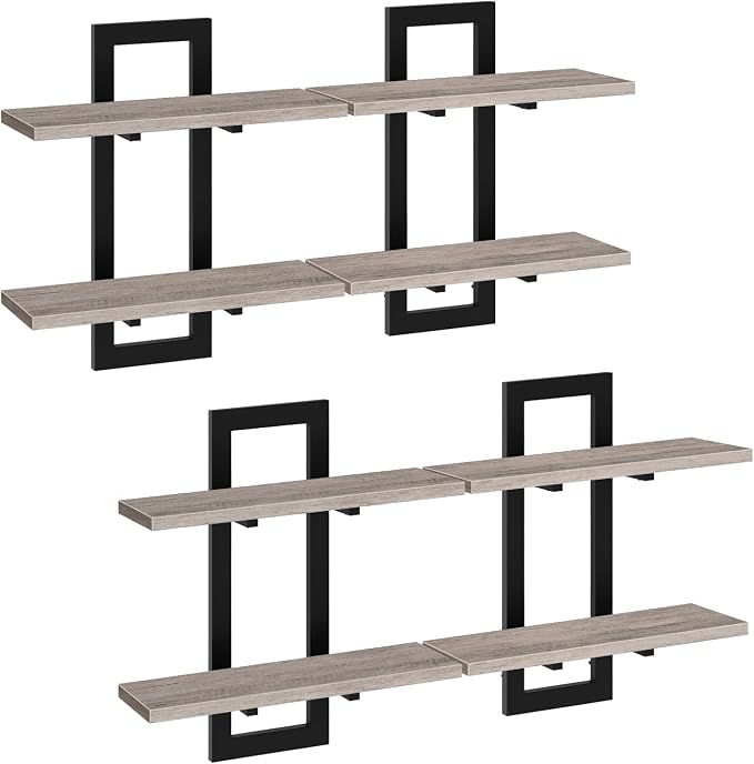 HOOBRO Floating Shelves, 15 Inch Wall Shelf Set of 4, Wall Mounted Storage Shelves 2-Tier, Hanging Bathroom Shelves, for Living Room, Bedroom, Bathroom, Kitchen, Greige and Black BG32BJP401