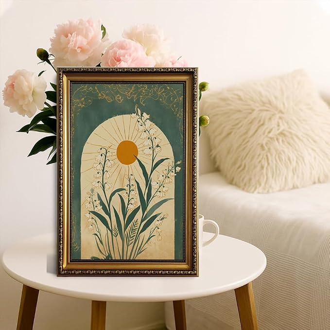 ZLPLLHA Lily Of The Valley Gold Framed Wall Art Boho Pictures Wall Decor | Wall Art Vintage Canvas Art Decor Emerald Green Botanical Paintings Artwork Retro Art Prints For Bedroom Living Room
