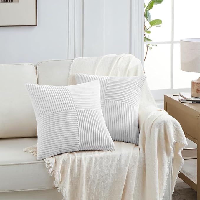 Fancy Homi 2 Packs Pure White Decorative Throw Pillow Covers 16x16 Inch for Living Room Couch Bed, Rustic Farmhouse Boho Home Decor, Soft Corss Patchwork Corduroy Textured Square Cushion Case 40x40 cm