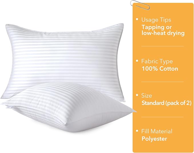 Oubonun Standard Size Pillows Set of 2, 20 x 26 Inch | Fluffy & Supportive Down Alternative Pillows with Zippered Cotton Cover - Breathable and Cool for All Sleeping Positions
