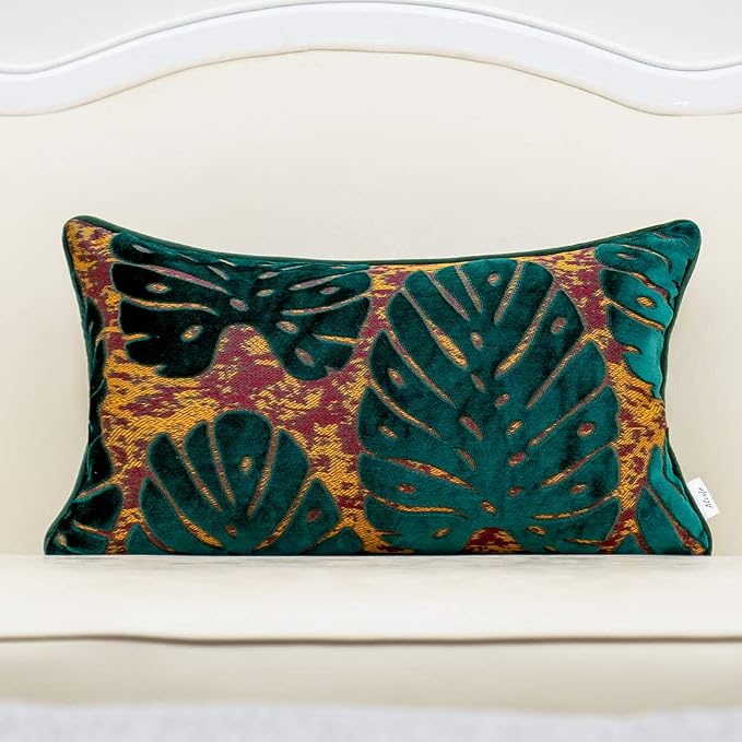 Alerfa 12 x 20 Inch Rectangle Leaf Pillow Embroidery Cut Velvet Cushion Case Luxury Modern Lumbar Throw Pillow Cover Decorative Pillow for Couch Sofa Living Room Bedroom Car, Teal Green
