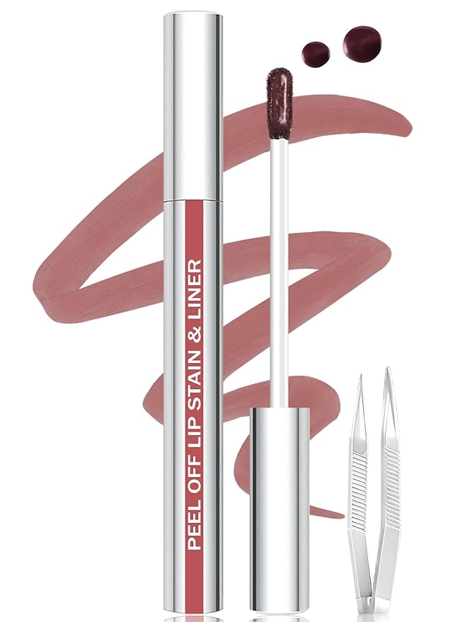 Lip Stain Peel Off Lip Liner Stain with Tweezer, Long Lasting Matte Lip Tint Tattoo, Highly Pigmented Color Lip Makeup, Waterproof Lipstick, Transfer-proof Lipstain for Women, Rose Pink