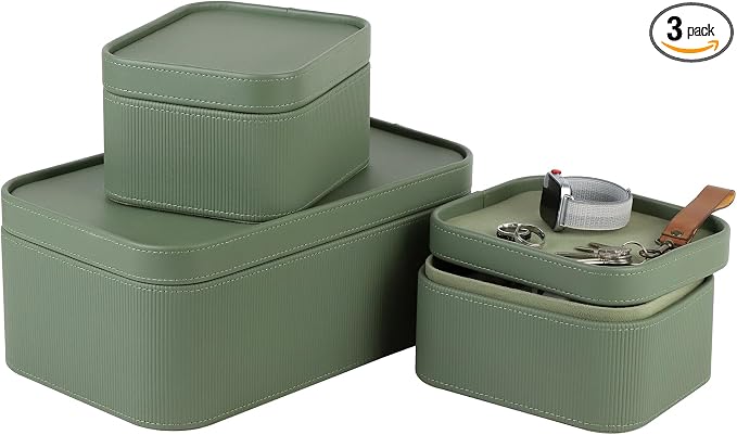 HofferRuffer Faux Leather Decorative Storage Boxes, Dust proof Storage Shelf Baskets with Lids Trays, Storage Bins Memory Box Organizer for Home, Office, Jewelry & More, Set of 3 (Green)
