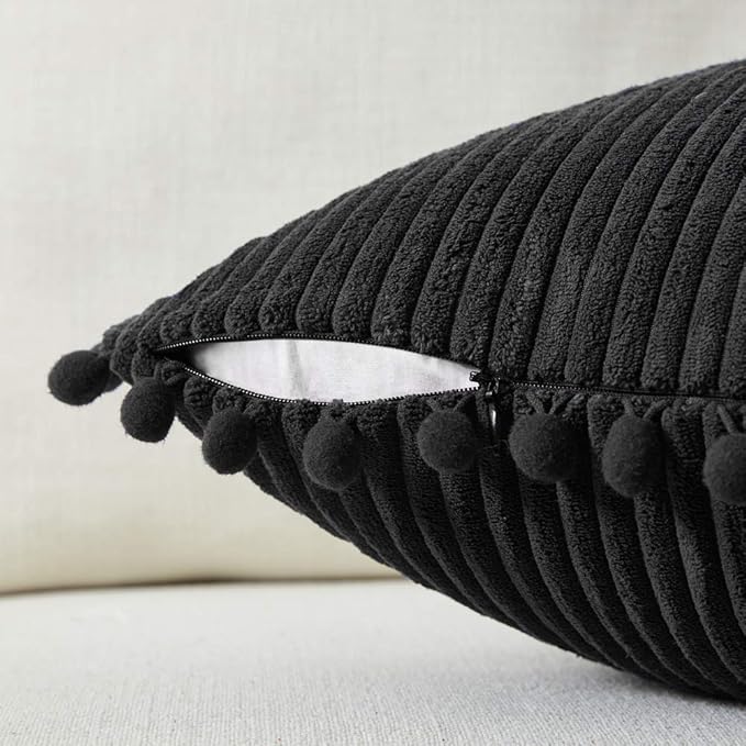 Fancy Homi Pack of 2 Black Lumbar Decorative Throw Pillow Covers with Pom-poms, Soft Corduroy Solid Rectangle Cushion Cases Set for Couch Sofa Bedroom Car Living Room (12x20 Inch/30x50 cm, Black)
