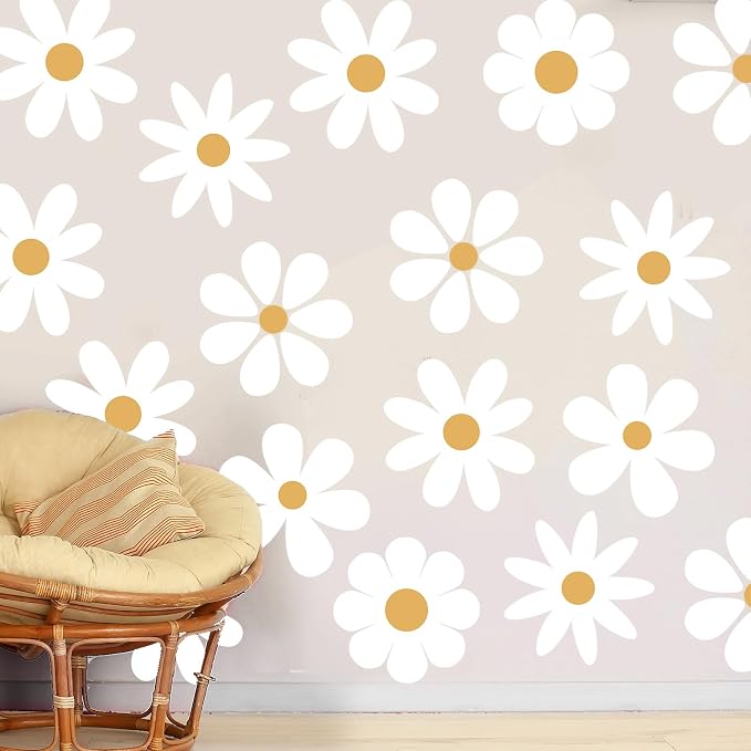 TaoBary 12 Sheet Daisy Wall Sticker Decal,White, Yellow,Novelty Style | Big Flower Wall Sticker, Pink White Floral Decal, Daisy Bedroom Room Decor, Removable Peel and Stick, Nursery Home Wall Decor