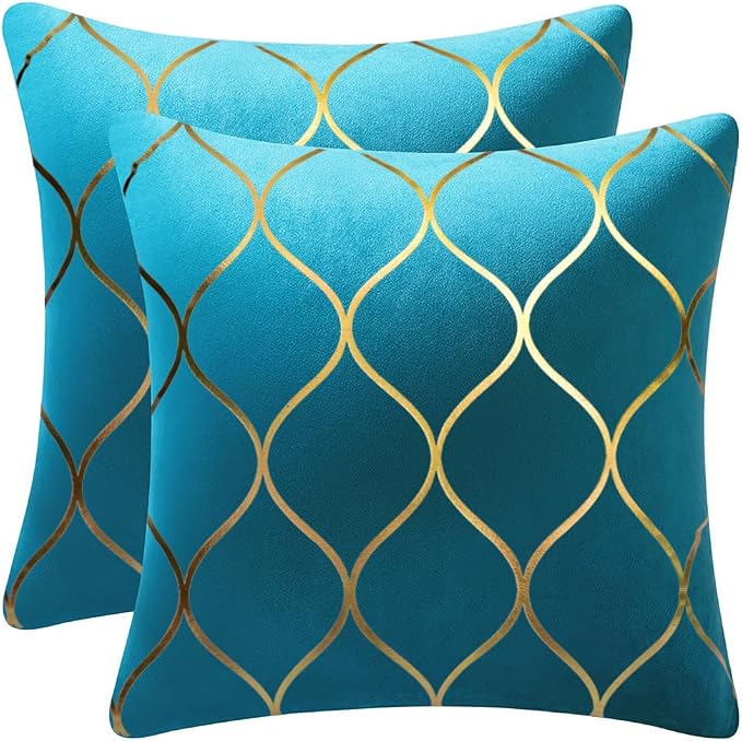 16x16 Inch Gold Velvet Throw Pillow Covers: 2 Pack Square Decorative Pillow Cases for Bedroom Sofa Couch Living Room, Turquoise