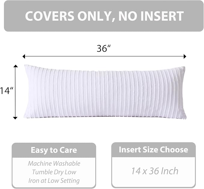 UGASA 14x36 Inch Pillow Cover Pack of 1 Soft Boho Stripe Corduroy Large Long Rectangular Lumbar Cushion Cover Farmhouse Decorative Throw Pillowcase for Bed Couch Sofa Bedroom Living Room, Pure White