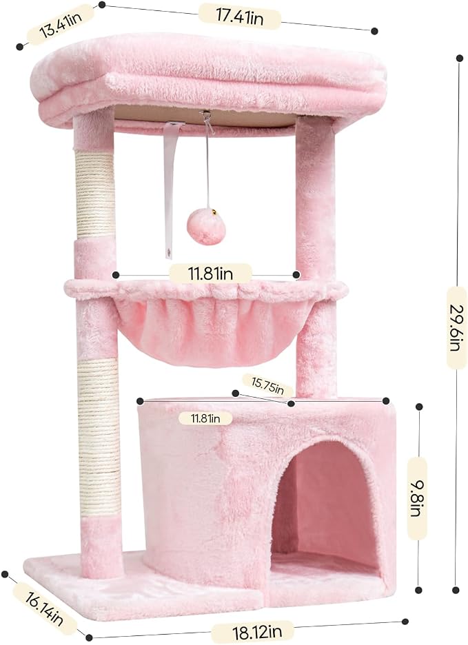 SYANDLVY Pink Cat Tree for Indoor Cats, Modern Tower with Scratching Post | Modern Cat House with Padded Perch, Kittens Condo with Cradle, Cat Cave, Pink
