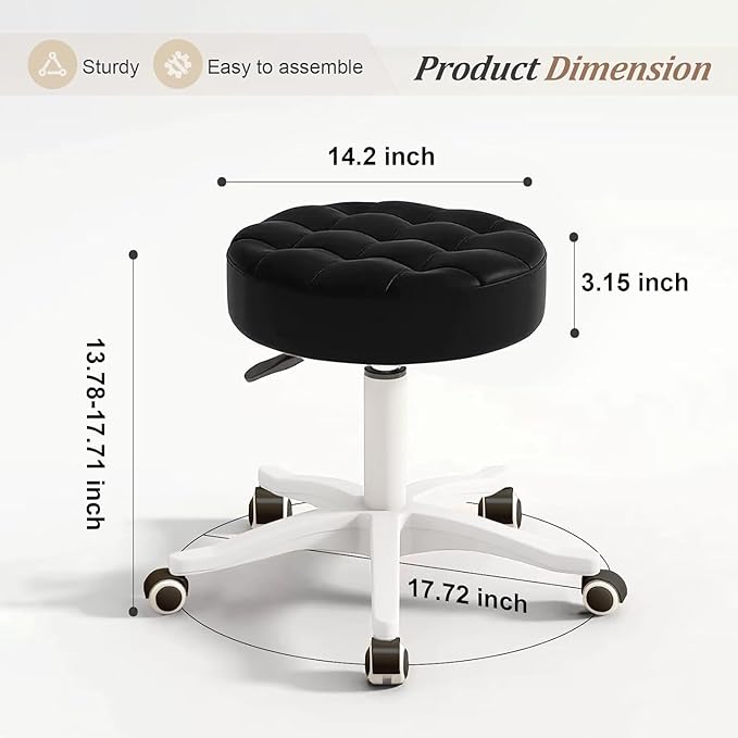 Small Rolling Stool with Wheels, PU Leather Height Adjustable Vanity Work Task Stool, 360 Swivel, Padded Seat Cushion, for Salon, Home, Office
