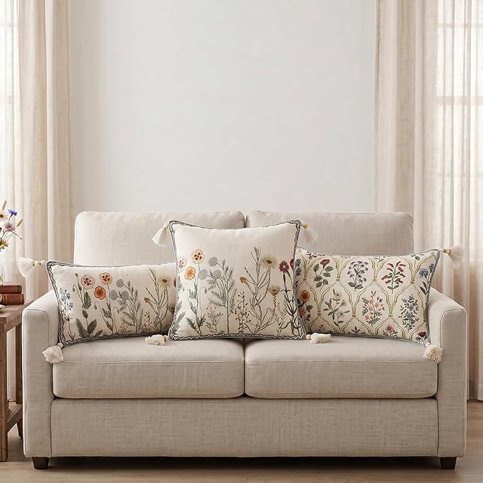 Designer Vintage Linen Throw Pillow Cover,28"x12"-Serenity B | French Elegant Rectangle Decor Pillow Cover,Concealed Zipper Design,Colorful Floral Pattern,Sofa,Bedroom,Living Room,Chair