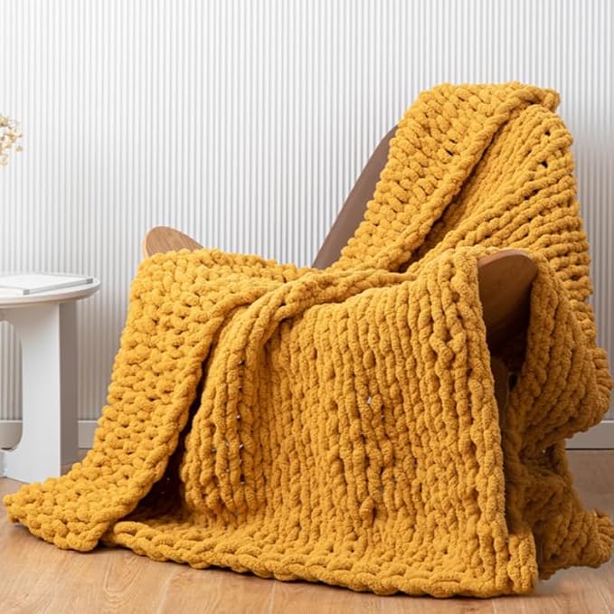 Soft Chunky Knit Throw Blanket for Couch, Cozy Warm Knitted Blankets | Hand Knit with Jumbo Chenille, Lightweight Warm Fluffy Decor for Women, Mom, Her & Girls, Sofa, Chair, Bed, 48"×71" (Yellow)