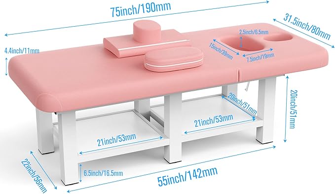 pouseayar 31.5'' Wide × 75'' Long Stationary Massage Table with Backrest and Storage Space for Treatment Table Physical Therapy Table Spa Facial Bed, 6 Square Legs Metal Frame PU Leather - Pink