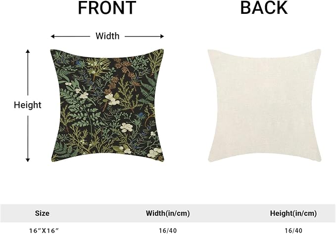 Spring Pillow Covers 16x16 Inch Set of 2,Black Sage Green Wild Flower Plant Throw Pillows Case,Seasonal Vintage Floral Outdoor Decorative Linen Farmhouse Decor Cushion Covers for Sofa Bed Couch