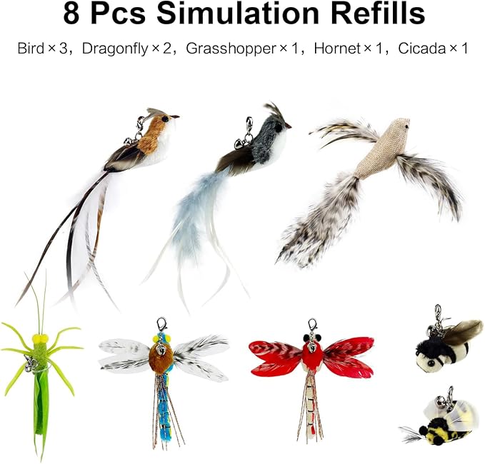 TTcat Suction Cup Cat Toy Wand, 2 in 1 Handheld & Free Standing Interactive Cat Teaser with 8 Pcs Replaceable Feather Bird Insect Refills, Long Flexible Wire Cat Wand Toy for Indoor Cat Self Play.