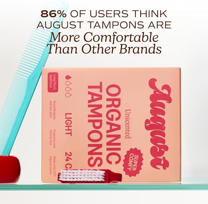 August Light Tampons - Easy-Glide Long Applicators - 72-Pack 100% Organic Cotton Tampons for Women, Non-Toxic, Fragrance-Free, and Hypoallergenic (3 Boxes of 24)