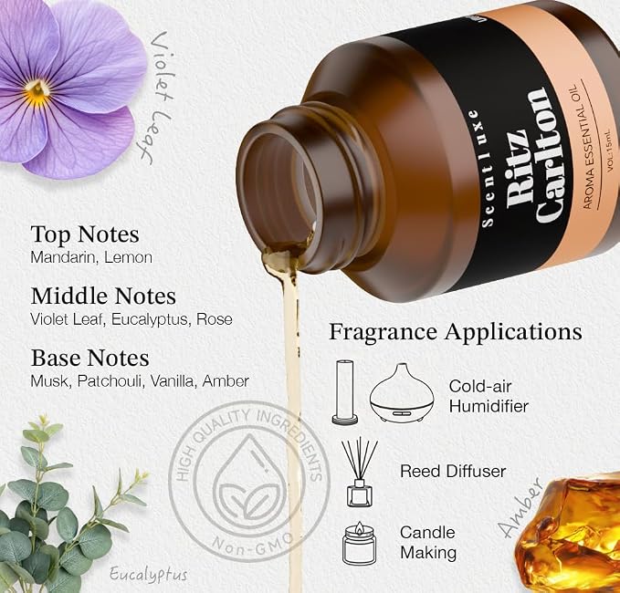 Hotel Essential Oil for Waterless Diffuser Inspired by The Ritz Carlton Scent - Orange, Musk for Aromatherapy Diffusers Oil 15mL 0.5 Fl Oz Glass Dropper Bottle Fragrance Oil