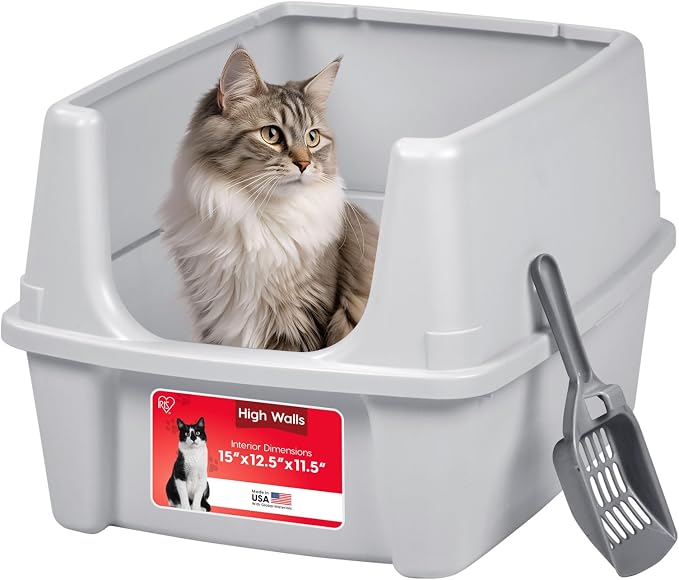 IRIS USA Large High Sided Cat Litter Box, Scatter Shield | Diggers & Scratchers, Deep Basin Design, Extra Deep Pan, Kick-Proof Sides, Stain Resistant Surface, Keeps Floor Clean
