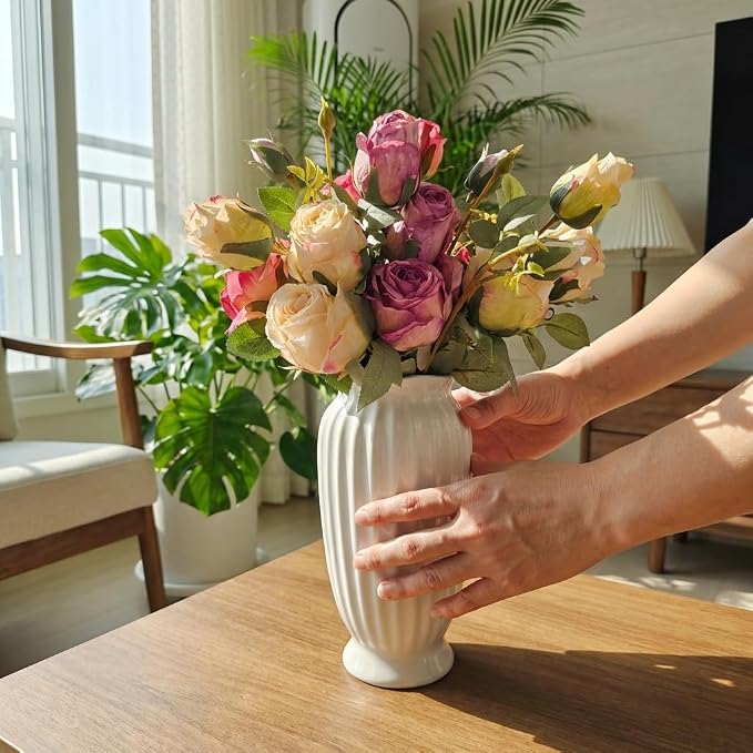 White Ceramic Vase, 9.1 Inch Water Safe Vase for Fresh Flowers, Farmhouse Home Decor Table Centerpieces for Living Room Cabinet Wedding (Rustro 9'')
