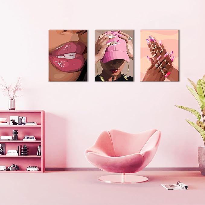 Black Girl Wall Art Set of 3 - Pink African American Woman Canvas Wall Decor Pictures, Fashion Black Woman Paintings Prints for Living Room Bedroom Bathroom Dorm 16x24 inch Framed