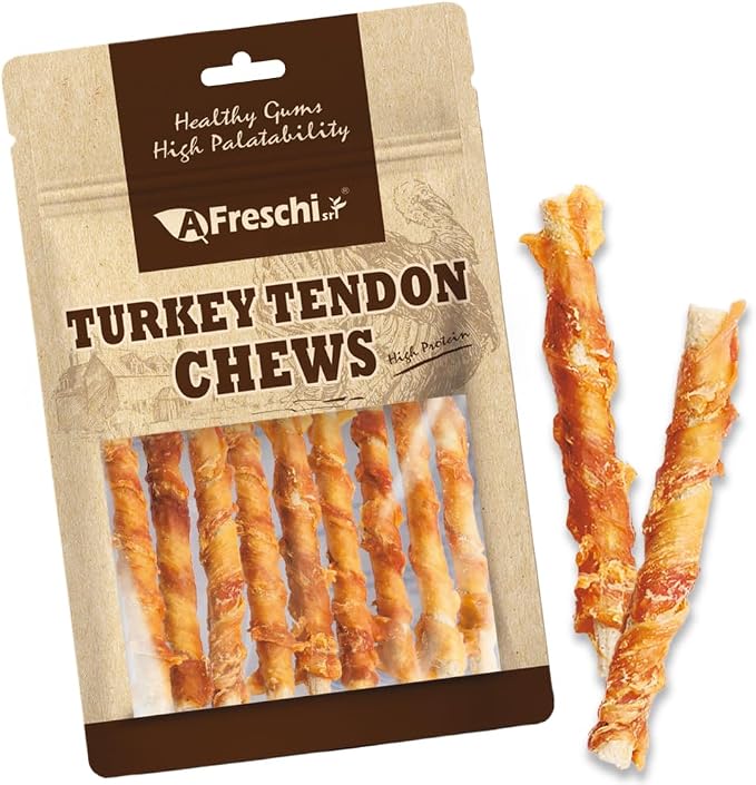 AFreschi Turkey Tendons Wrapped Brown Rice Stick Dog Treats, 3.5 oz | Rawhide-Free Puppy Chews