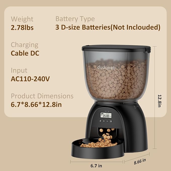 Automatic Cat Feeder, 5L/21 Cup Timed Cat Dry Food Dispenser, Automatic Pet Feeders Dual Power Supply, 6 Meal Programmable 1-20 Portion Cats Feeder, Auto Dog Feeders, Pet Food Dispenser for Cats,Puppy