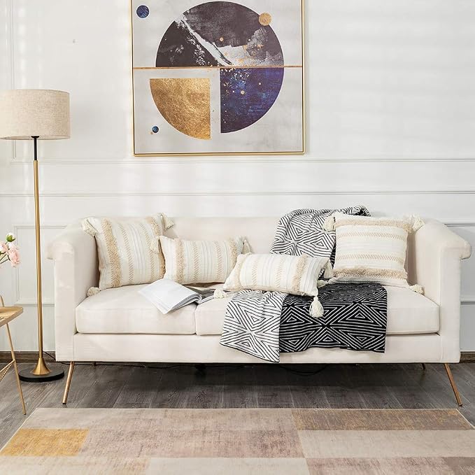 Lumbar Decorative Boho Throw Pillow Cover, 12 x 20 Farmhouse Cute Pillowcase Minimalist Neutral Collection Cream White Tufted with Tassels Woven Cushion Cover for Sofa Couch Bedroom Living Room