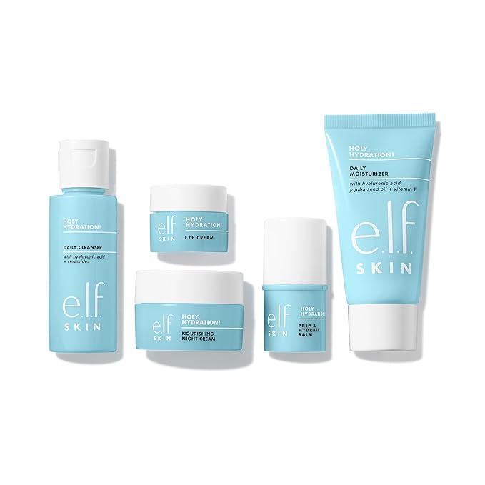 e.l.f. Skin Holy Hydration! Jet Set Travel-Friendly Hydrating Skincare Kit with Cleanser, Balm, Moisturizer, Eye & Night Cream, Vegan & Cruelty-Free