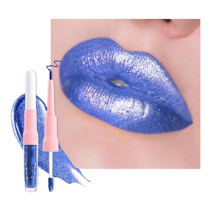 evpct Sky Blue Metallic Glitter Lip Liner and Lipstick Combo Lip Gloss Stain Set Makeup for Women Long Lasting Waterproof 24, Sky Blue Metallic Shimmer Frosted Iridescent Glossy Liquid Lipstick 24
